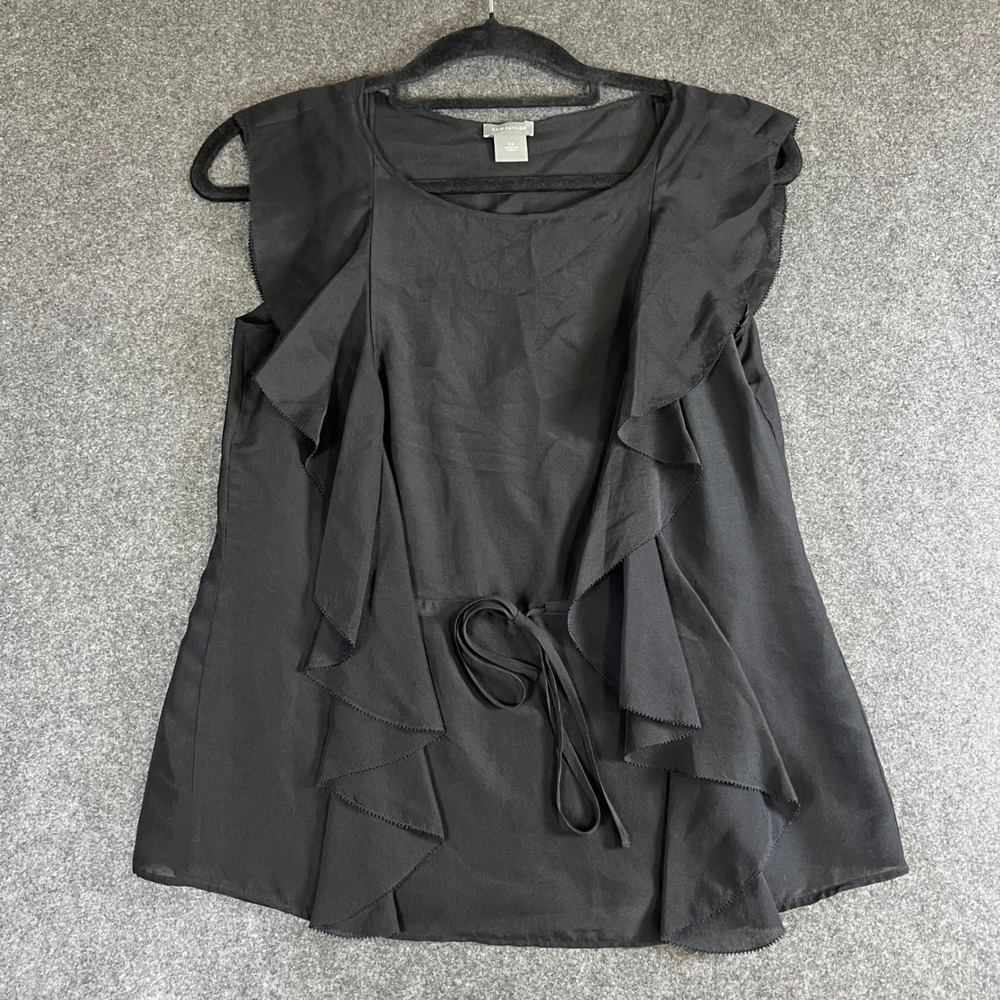 Ann‎ Taylor Womens XS Black 100% Silk Ruffle Tie Waist Sleeveless Blouse Top